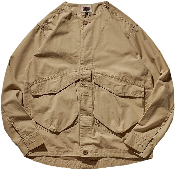 UKTZFBCTW Мъжки Младежка риза в японски стил Ретро Без яка От Стария Застиранного Сюртука с джобове