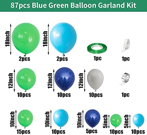 Комплект Арка с Венец от балони, 87 парчета Зелени Сини, Сиви Балони, Арка от Латексови Балони, Комплект Арка с Венец