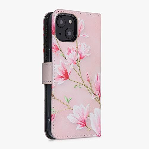 чанта-портфейл kwmobile Съвместим с Apple iPhone 13/14 - Калъф от изкуствена кожа - Розова Магнолия / Бяла / Работа-розова