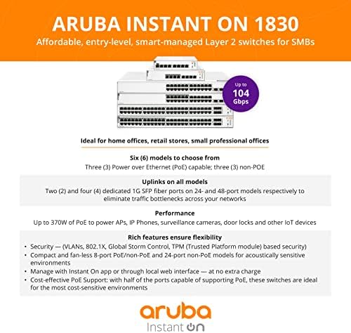 Интелигентен превключвател Aruba Instant On 1830 с 48 порта Gb - 48x 1G | 4X SFP | US Cord (JL814A ABA)