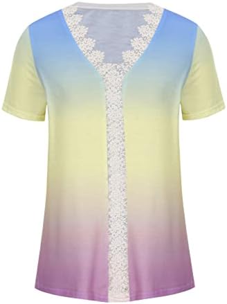 Тениска Дамски 2023 С Къс Ръкав и Дълбоко V Образно Деколте, Лейси Памучен Блуза с Градиентным Цветен Модел, Риза за