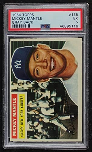 1956 Topps 135 Грим Мики Мэнтл Ню Йорк Янкис (Бейзболна картичка) (Сив облегалка) PSA PSA 5,00 Янкис