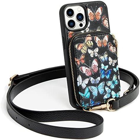 ZVE Чанта-портфейл с пеперуда за iPhone 14 Pro Max През рамо, Калъф за телефон, джоб с RFID заключване, Държач за карти,