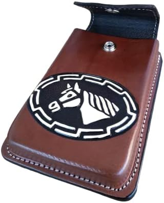 Мексиканска кобур за мобилен телефон от естествена кожа Marquez Western за колан с надеждна закопчалка. Фигура на кон, раскрашенный ръчно. Универсален размер (кафяв)