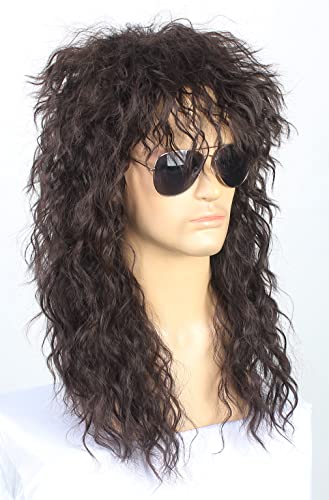 Дълга къдрава мъжки перуки за cosplay 80-те години, естествено къдрави перуки, модерен перука в стил тежък рокер (тъмно