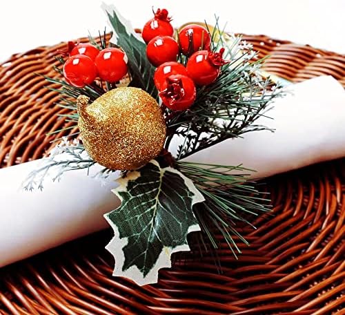 Пръстени за салфетки Комплект от 6 Плодове с борови игли Коледа е Празник на Благодарността, Селска Фермерска Къща Морски