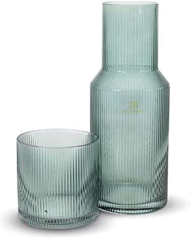 Гарафа в рубчик Bruno Magli | Комплект от 2 теми | Стъклена чаша за пиене с капак | Елегантен Стомна за вода прикроватной