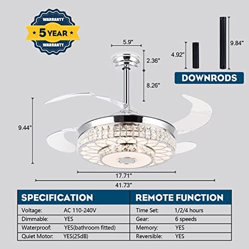 Yaretro 42 Прибиращи се вентилатор на Тавана с Осветление, Кристална Невидим Вентилатор с осветление, Дистанционно управление,