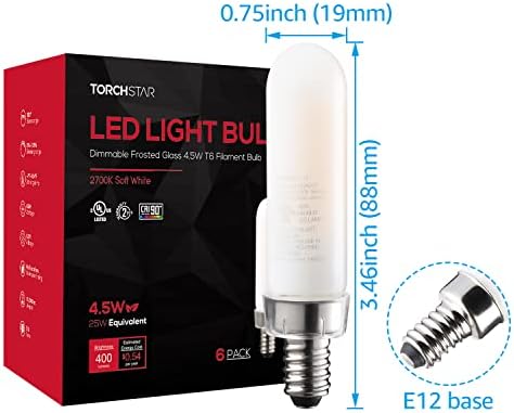 TORCHSTAR Led лампа T6 с регулируема яркост 12 В опаковката е в списъка на UL, Лампа-канделябр E12, 4,5 W (еквивалент