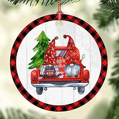 Коледни Джуджета с Орнаменти за камион Коледно Дърво Червен Камион Коледен Кръг Керамични Украшение в Клетка от Бъфало