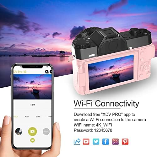 Комплект цифров фотоапарат Acuvar 4K 48MP за фотография, Място за видеоблогинга за YouTube мек екран, Wi-Fi, широк ъгъл
