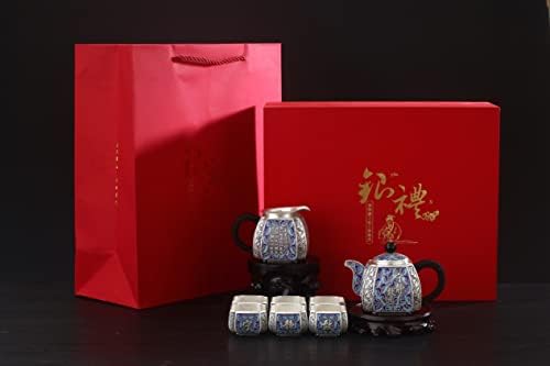 GOHQ Китайски Чай Gongfu, Емайл Сребърен Чайник, ръчна изработка S999 и Чаени Чаши, Преносими Пътен Чай за Възрастни,